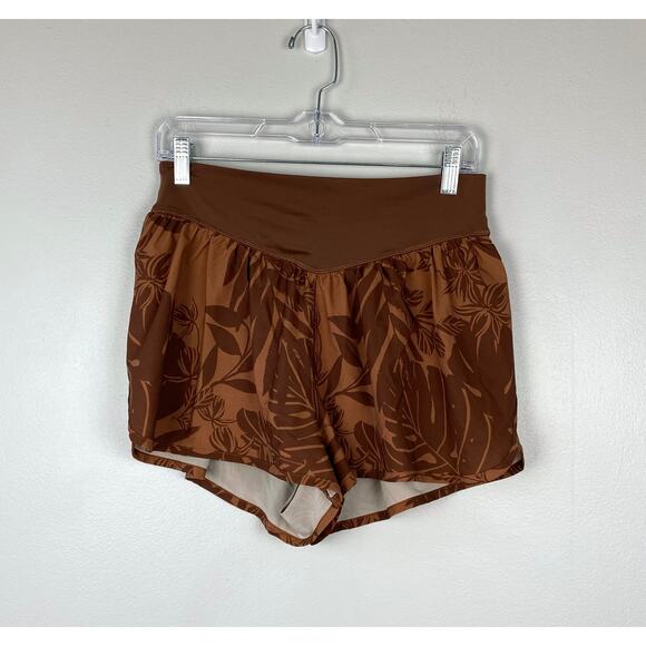 Aerie Offline Active Shorts Brown Floral Spandex Short‎ Lining High Rise Large - Picture 1 of 9